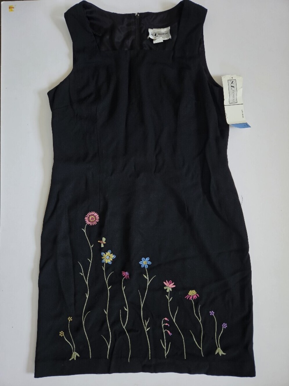 VTG S.L Fashions Deadstock black floral embroidered shift dress Made in USA 16